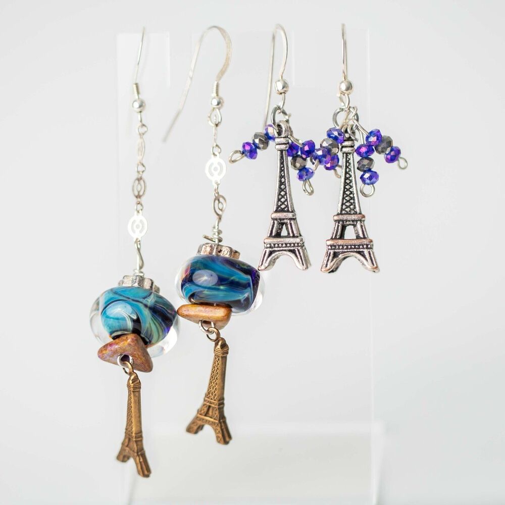 Lot of 2 Paris Eiffel Tower Dangle Earrings Glass Bead Silver Bronze Tone